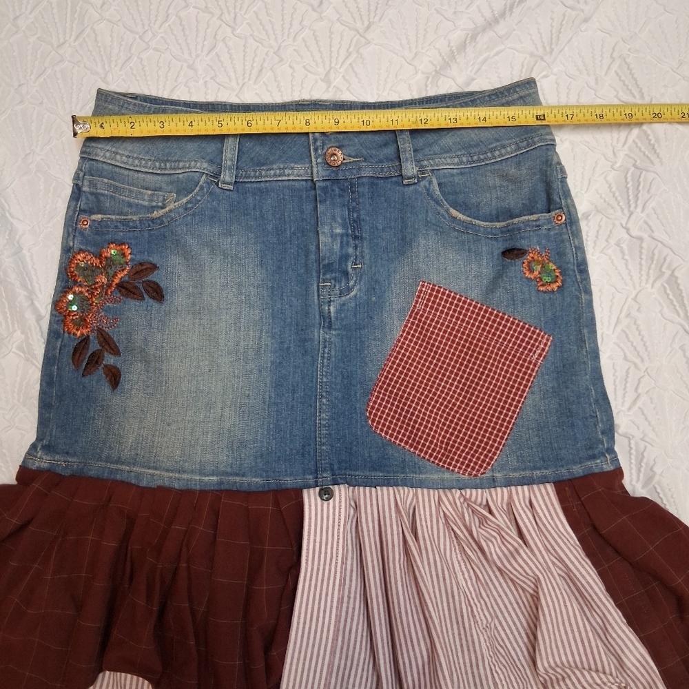 Clash Jeans Ash Patchwork Denim Mini Skirt in Blue, Brown and Cream Size L - Picture 8 of 16